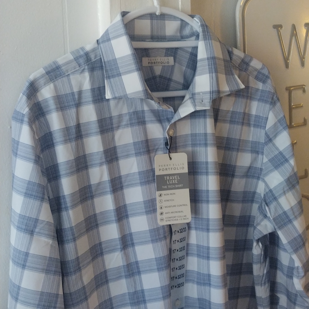 Perry Ellis Portfolio Men's 17X32/33  long sleeve Blue and White Check NWT